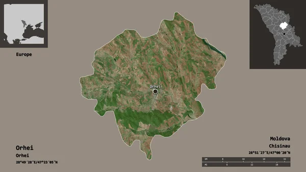 モルドバの郡オルヘイとその首都の形 距離スケール プレビューおよびラベル 衛星画像 3Dレンダリング — ストック写真