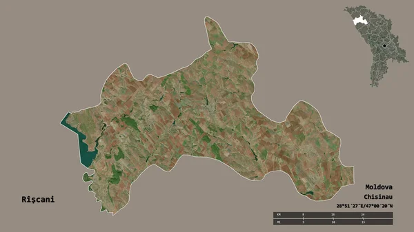 摩尔多瓦地区里什卡尼的形状 其首都在坚实的背景下与世隔绝 距离尺度 区域预览和标签 卫星图像 3D渲染 — 图库照片