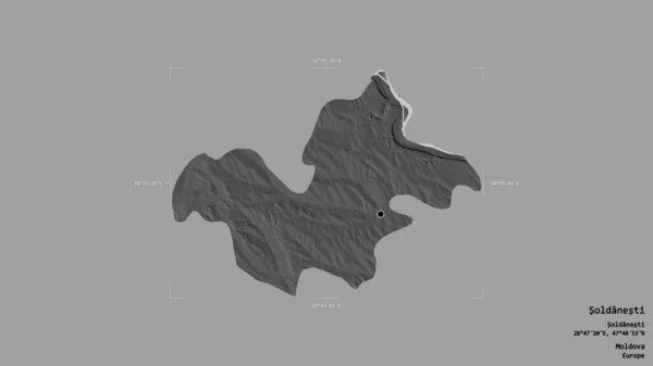 モルドバの地区 ソルダネスティの地域は 洗練された境界ボックスにしっかりとした背景に隔離されています ラベル 標高マップ 3Dレンダリング — ストック写真