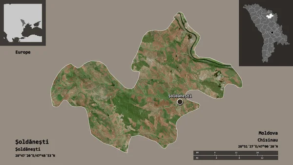 摩尔多瓦地区Soldanesti的形状及其首都 距离刻度 预览和标签 卫星图像 3D渲染 — 图库照片
