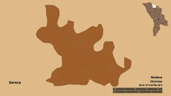 ソロカの形 モルドバの地区 その首都はしっかりとした背景に隔離されています 距離スケール リージョンプレビュー およびラベル 規則的にパターン化されたテクスチャの構成 3Dレンダリング — ストック写真