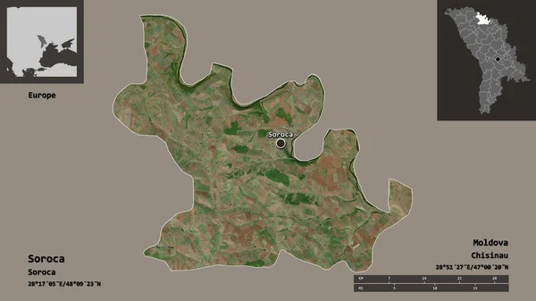 摩尔多瓦地区Soroca的形状及其首都 距离刻度 预览和标签 卫星图像 3D渲染 — 图库照片