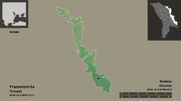 トランスニストリアの形 モルドバの領土単位 およびその首都 距離スケール プレビューおよびラベル 地形図 3Dレンダリング — ストック写真
