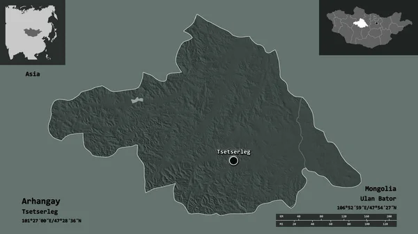 モンゴル国のアーハンガイ県とその首都の形 距離スケール プレビューおよびラベル 色の標高マップ 3Dレンダリング — ストック写真