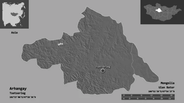 蒙古阿汉吉省的形状及其首都 距离刻度 预览和标签 Bilevel高程图 3D渲染 — 图库照片