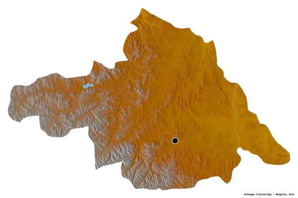 Beyaz arka planda başkenti izole edilmiş Arhangay, Moğolistan eyaleti. Topografik yardım haritası. 3B görüntüleme