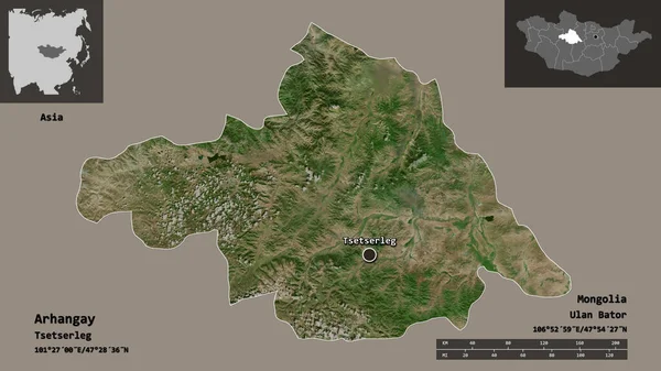 Arhangay, Moğolistan ve başkenti. Uzaklık ölçeği, ön gösterimler ve etiketler. Uydu görüntüleri. 3B görüntüleme