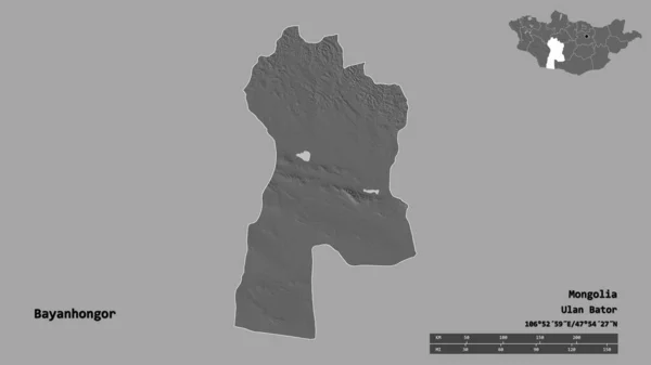 蒙古国Bayanhongor的形状 其首都在坚实的背景下与世隔绝 距离尺度 区域预览和标签 Bilevel高程图 3D渲染 — 图库照片