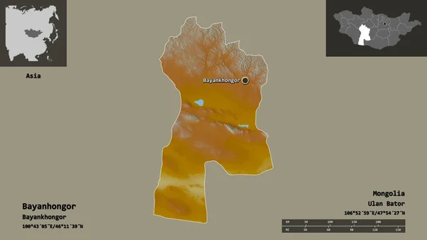 モンゴル国のバヤンホンゴル州とその首都の形 距離スケール プレビューおよびラベル 地形図 3Dレンダリング — ストック写真