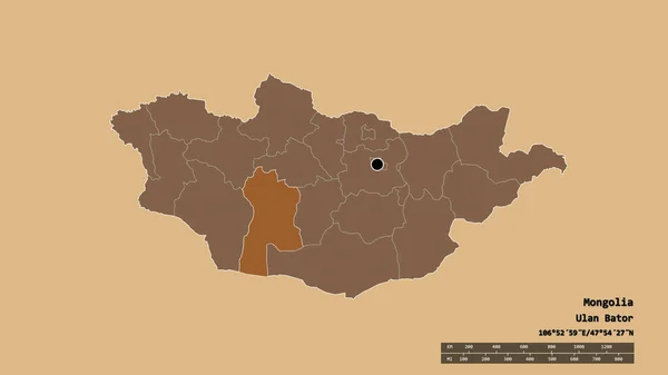 Desaturated Shape Mongolia Its Capital Main Regional Division Separated Bayanhongor — Stock Photo, Image