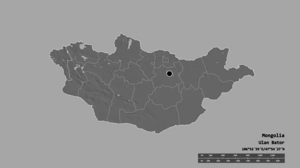 以首都 主要区域分部和分隔的Bayan Olgiy地区为首都的蒙古的退化形态 Bilevel高程图 3D渲染 — 图库照片