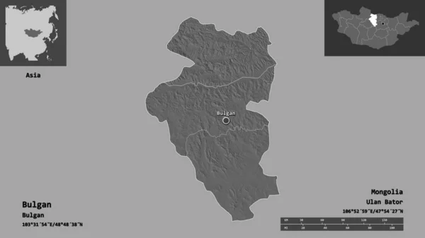 蒙古布尔干省的形状及其首都 距离刻度 预览和标签 Bilevel高程图 3D渲染 — 图库照片