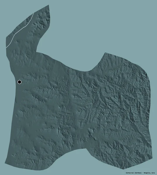 Moğolistan belediyesi Darhan-Uul 'un şekli, başkenti katı bir renk arkaplanı ile izole edilmiş. Renkli yükseklik haritası. 3B görüntüleme