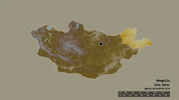 以首都 主要区域分部和分隔的多尔诺区为首都的蒙古的荒凉面貌 地形浮雕图 3D渲染 — 图库照片