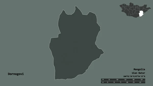 モンゴル国のドルノゴヴィ州の形で その首都はしっかりとした背景に孤立しています 距離スケール リージョンプレビュー およびラベル 色の標高マップ 3Dレンダリング — ストック写真