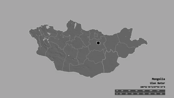 主要な地域部門と分離されたDornogoviエリアとモンゴルの荒廃した形 ラベル 標高マップ 3Dレンダリング — ストック写真