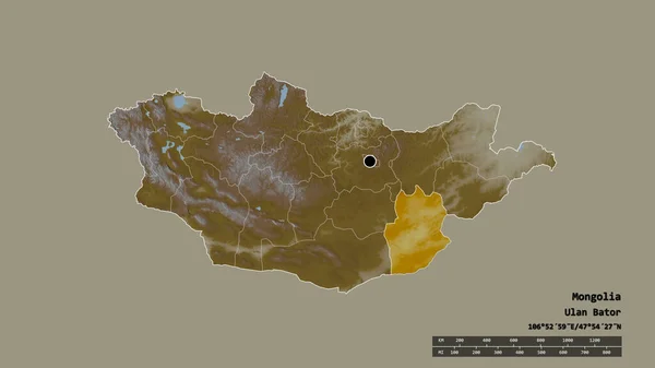 以首都 主要区域分部和分隔的Dornogovi地区为首都的蒙古的荒凉面貌 地形浮雕图 3D渲染 — 图库照片