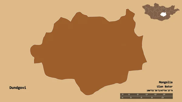 モンゴル国のドンゴヴィ県の形で その首都はしっかりとした背景に孤立しています 距離スケール リージョンプレビュー およびラベル 規則的にパターン化されたテクスチャの構成 3Dレンダリング — ストック写真