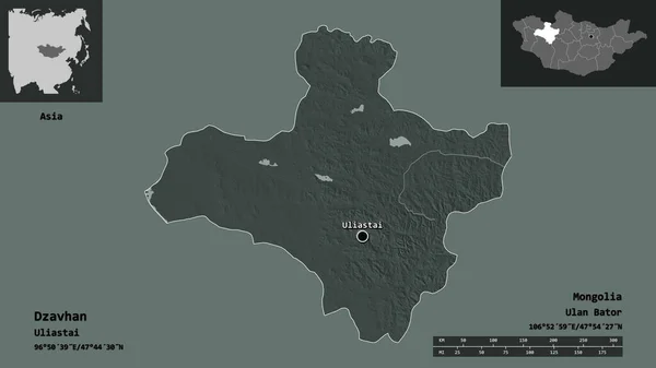 モンゴル国のDzavhan州とその首都の形 距離スケール プレビューおよびラベル 色の標高マップ 3Dレンダリング — ストック写真