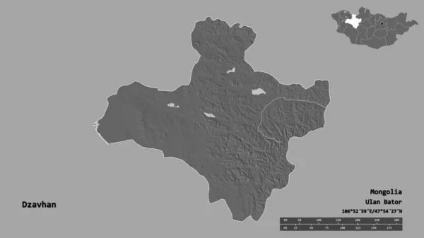 モンゴル国のDzavhan州の形で その首都はしっかりとした背景に隔離されています 距離スケール リージョンプレビュー およびラベル 標高マップ 3Dレンダリング — ストック写真