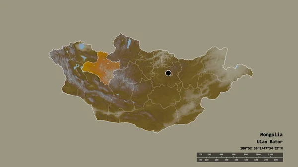 主要な地域部門と分離されたDzavhan地域とモンゴルの荒廃した形 ラベル 地形図 3Dレンダリング — ストック写真