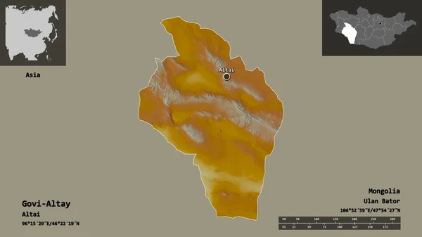 蒙古戈维 阿尔泰的形状及其首都 距离刻度 预览和标签 地形浮雕图 3D渲染 — 图库照片