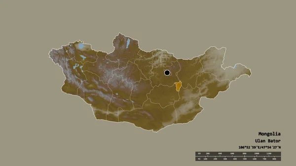 主要な地域部門と分離されたGovisumberエリアとモンゴルの荒廃した形 ラベル 地形図 3Dレンダリング — ストック写真