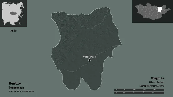 モンゴル国のホティ県とその首都の形 距離スケール プレビューおよびラベル 色の標高マップ 3Dレンダリング — ストック写真