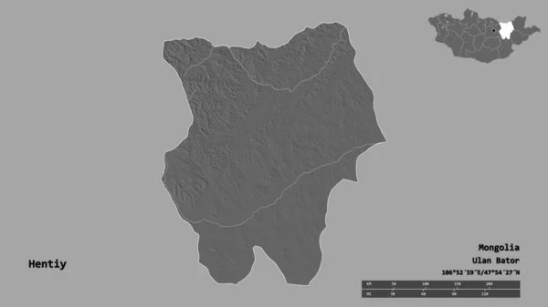 モンゴル国のヘティ県の形で その首都はしっかりとした背景に隔離されています 距離スケール リージョンプレビュー およびラベル 標高マップ 3Dレンダリング — ストック写真