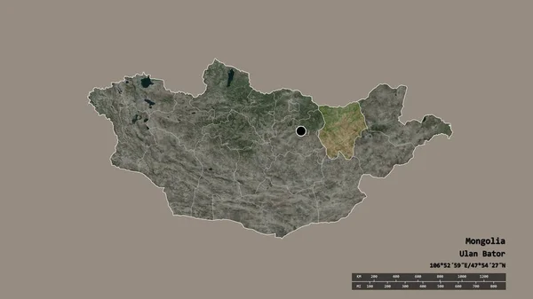 主要な地域部門と分離されたホイティ地域とモンゴルの荒廃した形 ラベル 衛星画像 3Dレンダリング — ストック写真