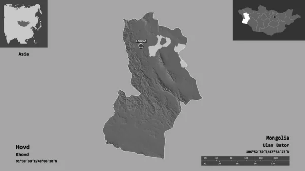 手の形 モンゴルの州 およびその首都 距離スケール プレビューおよびラベル 標高マップ 3Dレンダリング — ストック写真