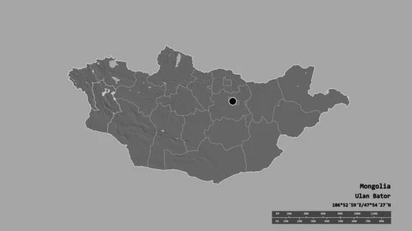 主要な地域部門と分離されたホールド領域とモンゴルの荒廃した形 ラベル 標高マップ 3Dレンダリング — ストック写真