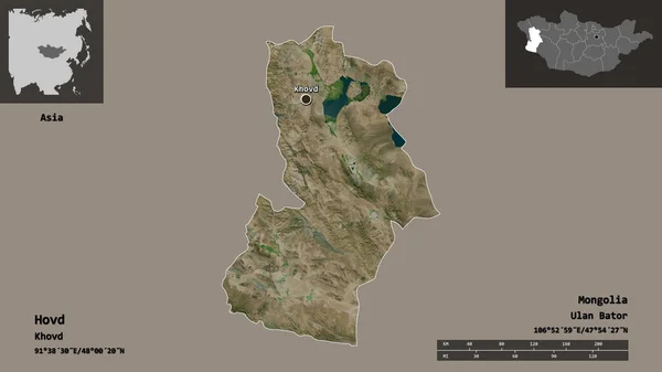 蒙古省及其首都霍夫德的形状 距离刻度 预览和标签 卫星图像 3D渲染 — 图库照片