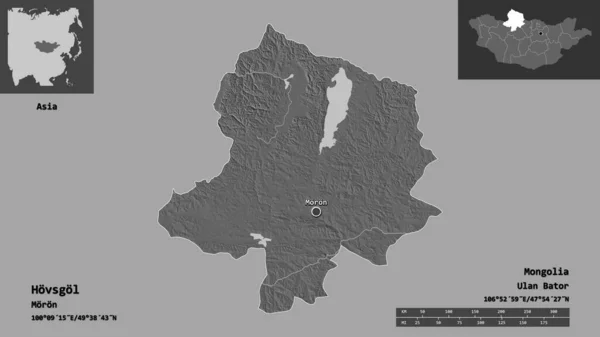 モンゴル国ホブスガル州とその首都の形 距離スケール プレビューおよびラベル 標高マップ 3Dレンダリング — ストック写真