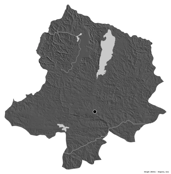 蒙古国Hovsgol的形状 其首都被白色背景隔离 Bilevel高程图 3D渲染 — 图库照片