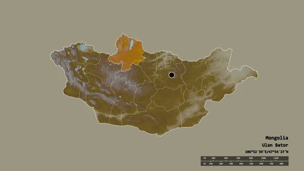 以首都 主要区域分部和分开的Hovsgol地区为首都的蒙古的退化形态 地形浮雕图 3D渲染 — 图库照片