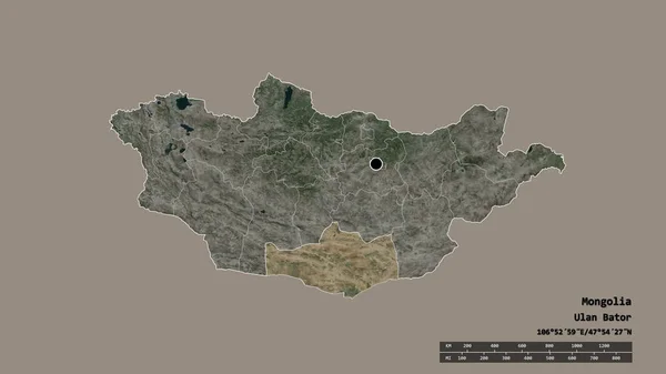 主要な地域部門と分離されたOmnogovi領域を持つモンゴルの荒廃した形 ラベル 衛星画像 3Dレンダリング — ストック写真