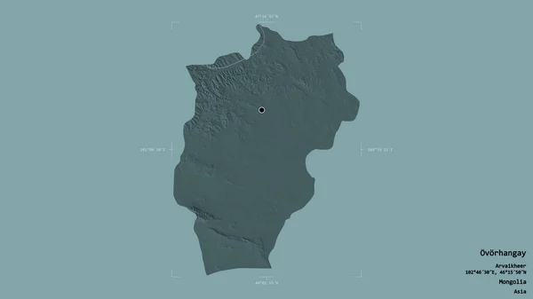 モンゴル国オヴォランガイ州の地域は 洗練された境界線の箱の中にしっかりとした背景に隔離されています ラベル 色の標高マップ 3Dレンダリング — ストック写真