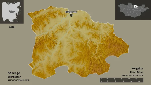 Selenge Şekli, Moğolistan ili ve başkenti. Uzaklık ölçeği, ön gösterimler ve etiketler. Topografik yardım haritası. 3B görüntüleme