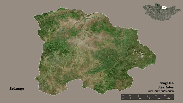 蒙古国塞伦格的形状 其首都在坚实的背景下与世隔绝 距离尺度 区域预览和标签 卫星图像 3D渲染 — 图库照片