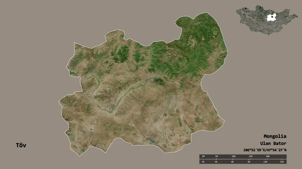 蒙古国托夫的形状 其首都在坚实的背景下与世隔绝 距离尺度 区域预览和标签 卫星图像 3D渲染 — 图库照片