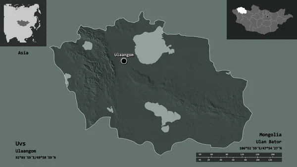 蒙古省乌维族的形状及其首都 距离刻度 预览和标签 彩色高程图 3D渲染 — 图库照片
