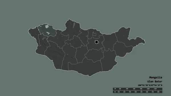 Desaturerad Form Mongoliet Med Dess Huvudstad Huvudsakliga Regionala Uppdelning Och — Stockfoto