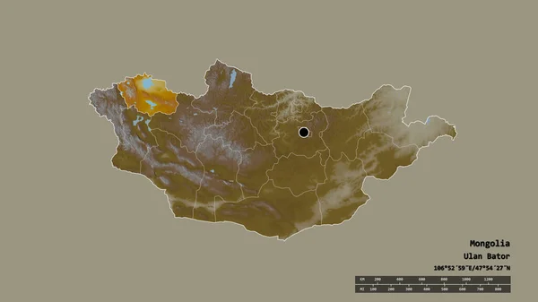 Forme Désaturée Mongolie Avec Capitale Principale Division Régionale Zone Uvs — Photo