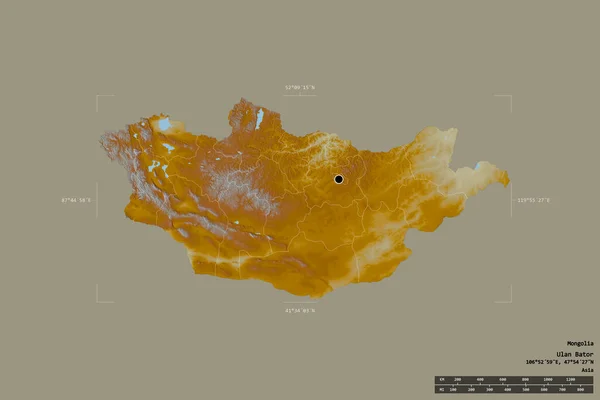 Area of Mongolia isolated on a solid background in a georeferenced bounding box. Main regional division, distance scale, labels. Topographic relief map. 3D rendering