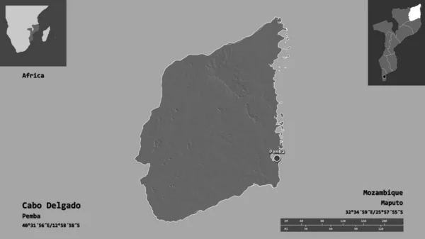 モザンビーク共和国のカボ デルガド州とその首都の形 距離スケール プレビューおよびラベル 標高マップ 3Dレンダリング — ストック写真