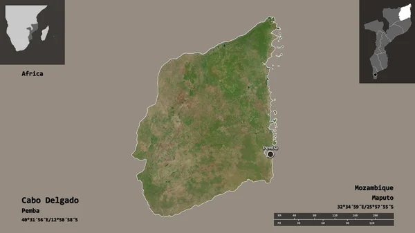 莫桑比克德尔加杜角及首都的形状 距离刻度 预览和标签 卫星图像 3D渲染 — 图库照片