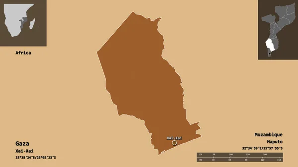 モザンビークの州とその首都の形 距離スケール プレビューおよびラベル 規則的にパターン化されたテクスチャの構成 3Dレンダリング — ストック写真