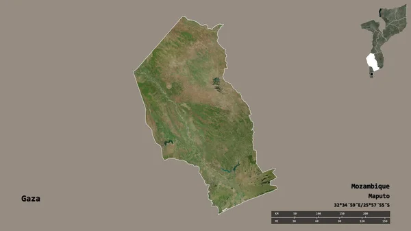 莫桑比克省加沙市的形状 其首都在坚实的背景下与世隔绝 距离尺度 区域预览和标签 卫星图像 3D渲染 — 图库照片