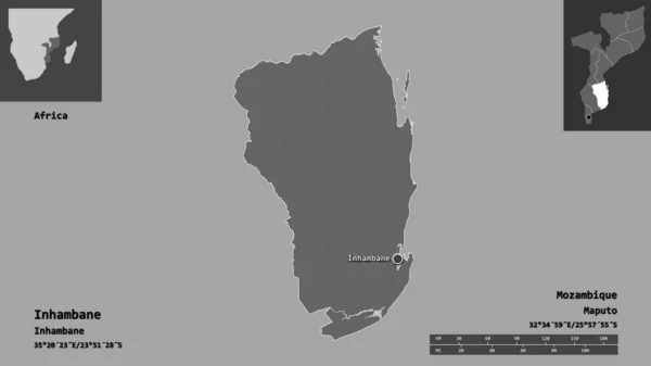 モザンビーク共和国のイナンバーン州とその首都の形 距離スケール プレビューおよびラベル 標高マップ 3Dレンダリング — ストック写真